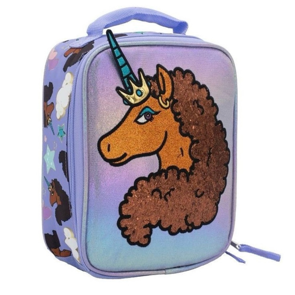 Afro Unicorn Kids Insulated Sequin Iridescent  Lunch Bag/Box/Tote Purple/Pink